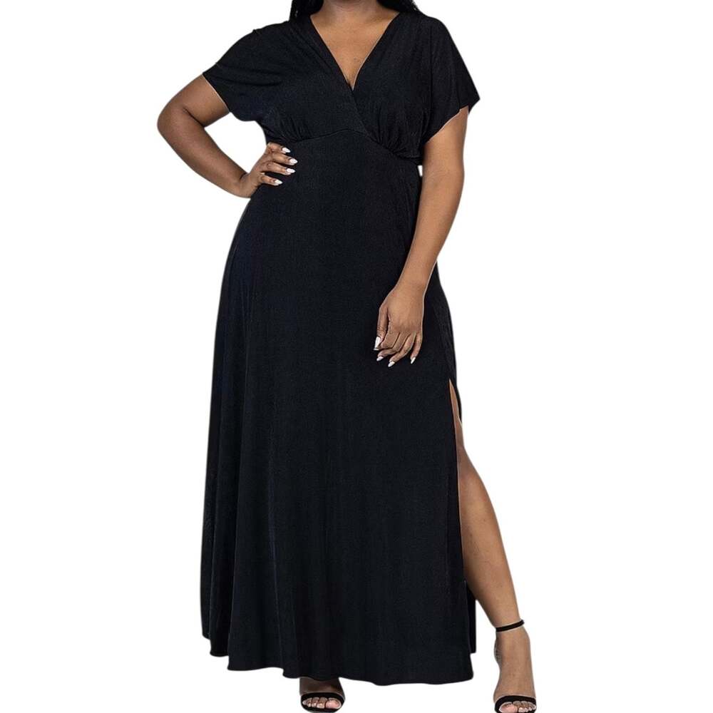24seven Women’s Front Slit Empire Waist Maxi Dress Black Size 3X